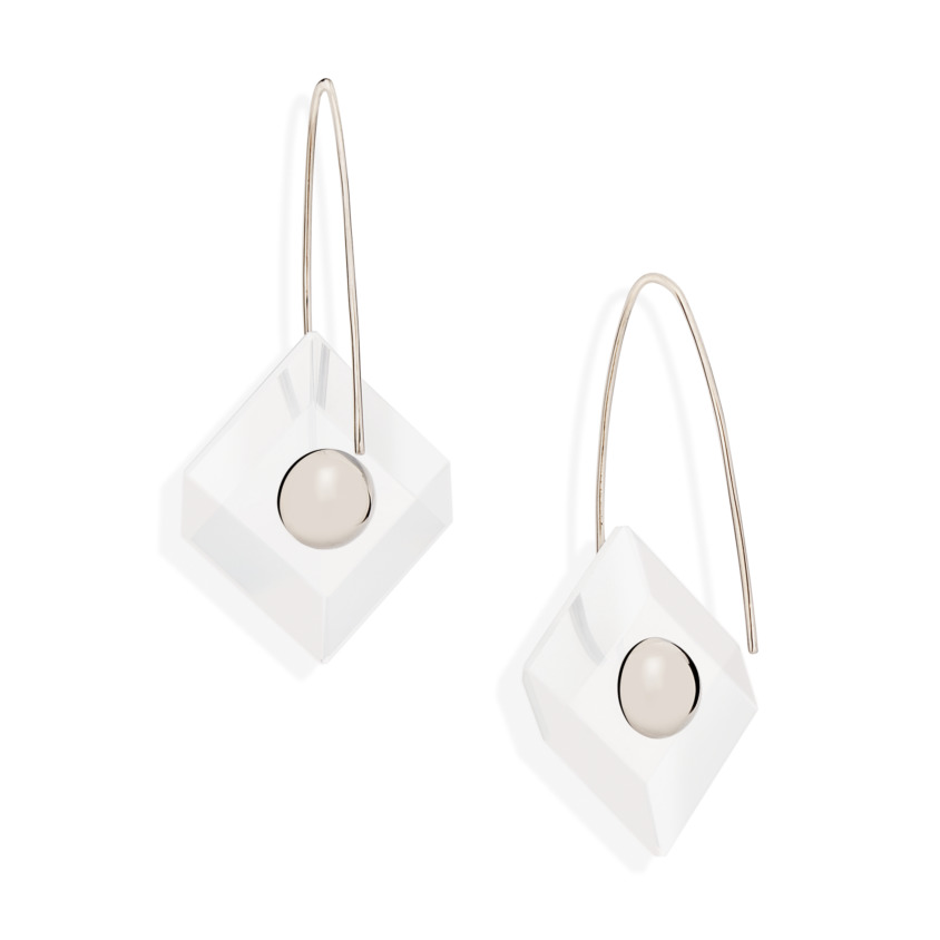 18k White Gold, Square Milky Quartz Earrings – Reverse Fit Square Earrings