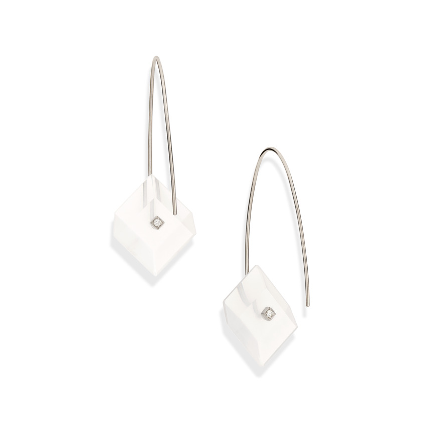 White Gold, 0.03 carat Diamond & Square Milky Quartz Earrings – Reverse Fit Small Square Earrings