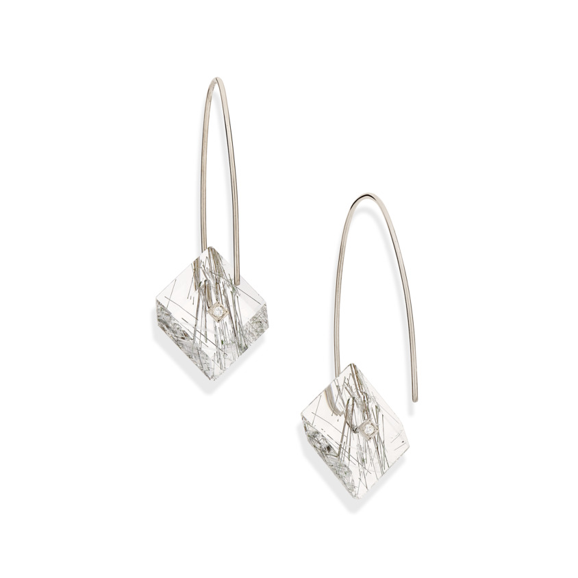 White Gold, 0.03 carat Diamond & Square Black Rutilated Quartz Earrings – Reverse Fit Small Square Earrings