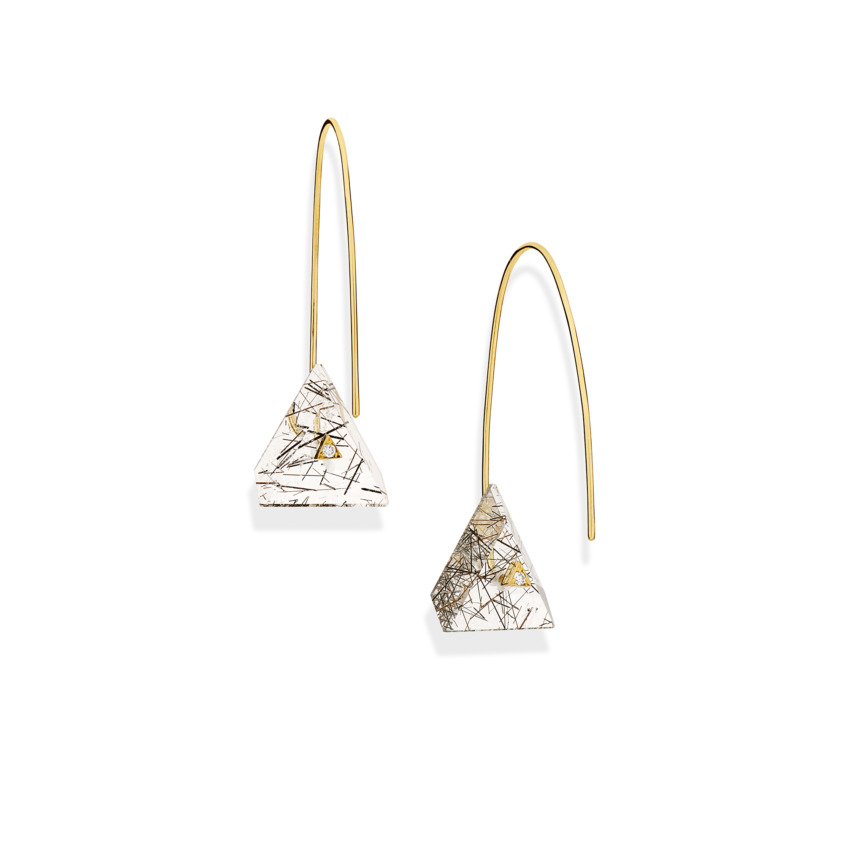 18k Yellow Gold, Triangle Black Rutilated Quartz Earrings – Reverse Fit Triangle Earrings