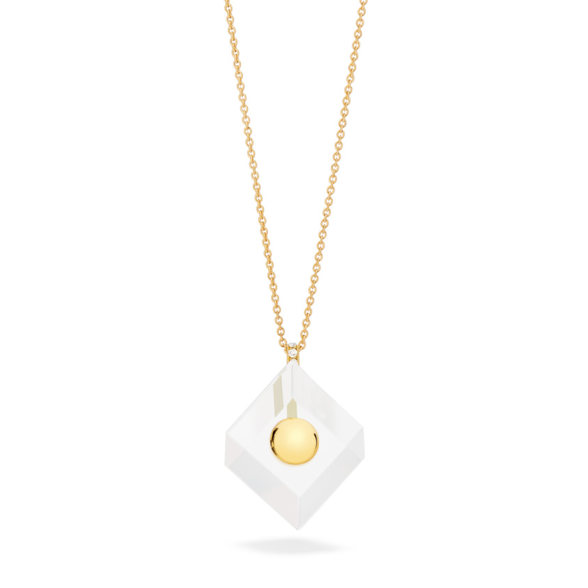 18k Yellow Gold Milky Quartz Pendant Necklace – Deco Square Pendant – White Diamond