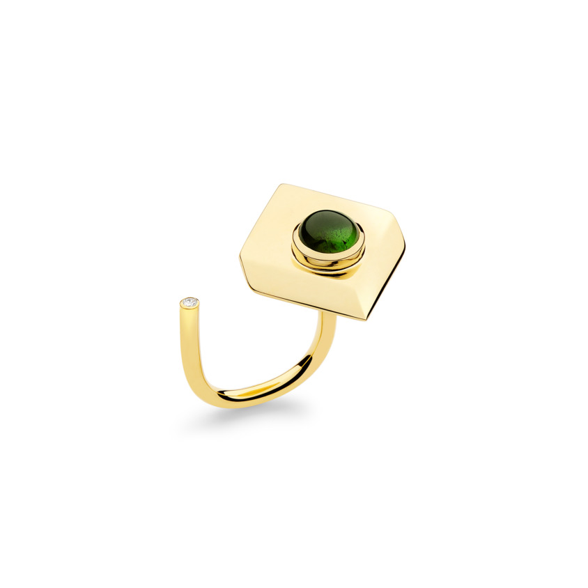 18k Yellow Gold Green Tourmaline Ring – Deco Square Ring – White Diamond