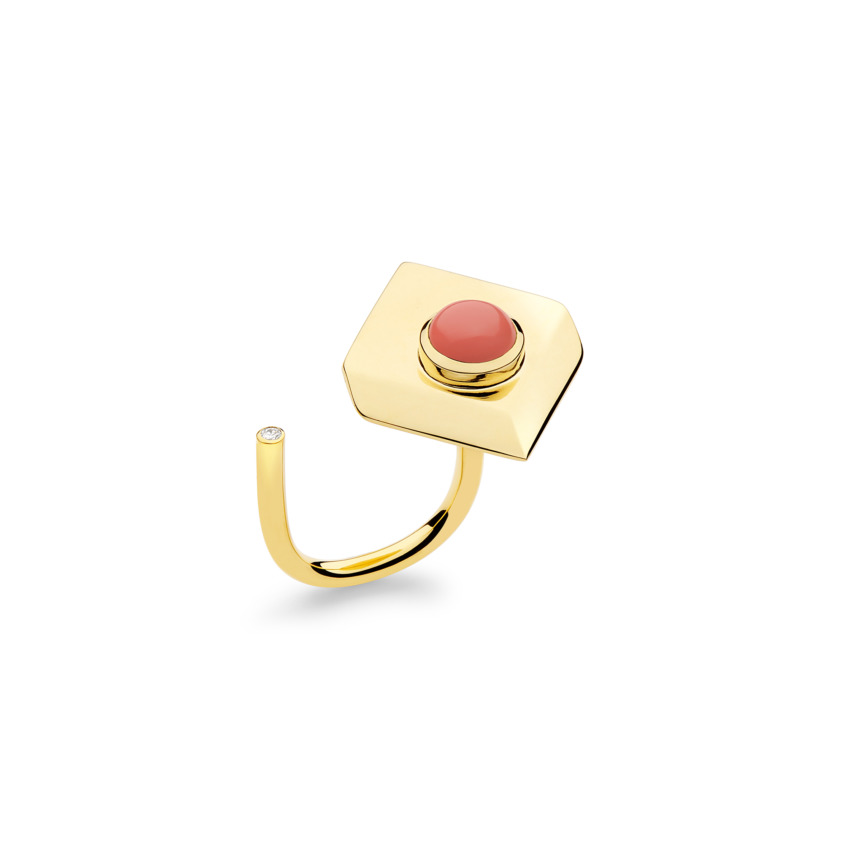 18k Yellow Gold Guava Quartz Ring – Deco Square Ring – White Diamond