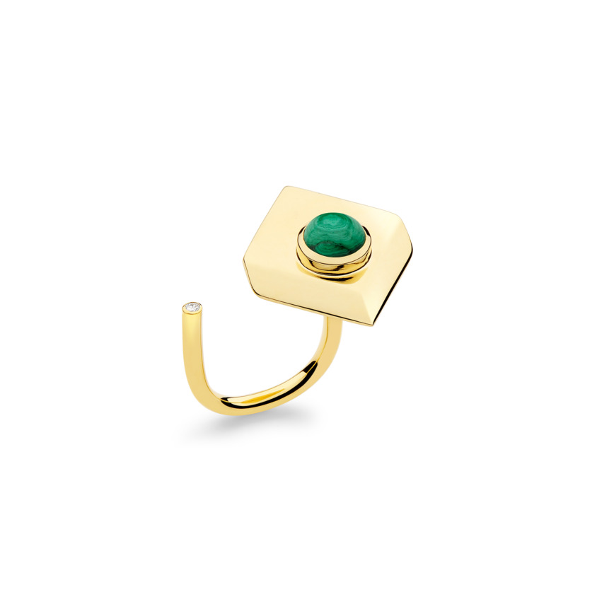 18k Yellow Gold Malachite Ring – Deco Square Ring – White Diamond