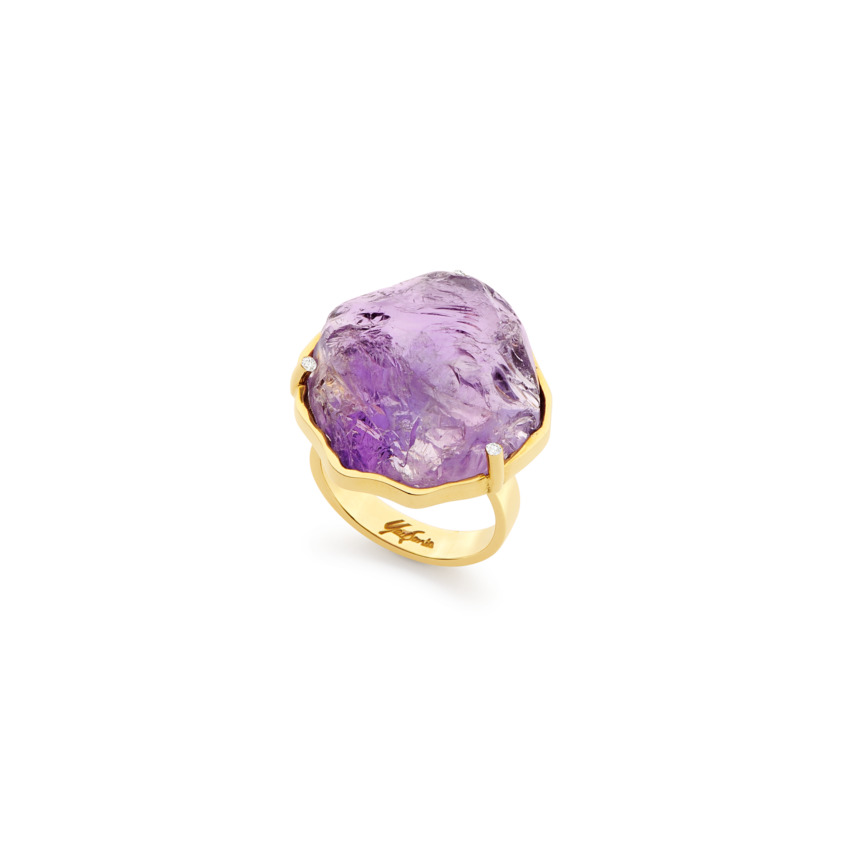 Yellow Gold, Diamond & Dark Amethyst Cocktail Ring – Hammered Cocktail Ring