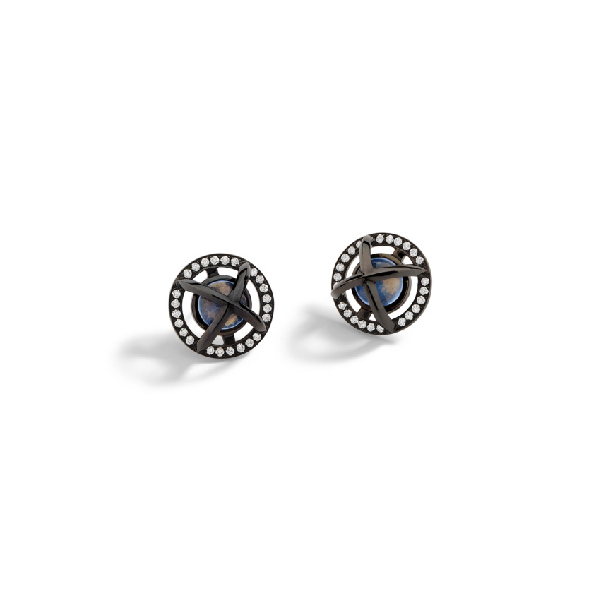 Diamond & Round Blue Moonstone Cabochon Stud Earrings Black Rhodium White Gold – Meteor Brilliant Stud Earrings