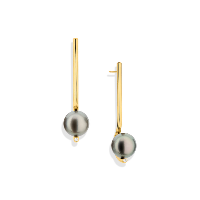 18k Yellow Gold, Tahitian Pearl and 0.08 Carat Diamond Earrings – Brilliant Fancy Long Earrings