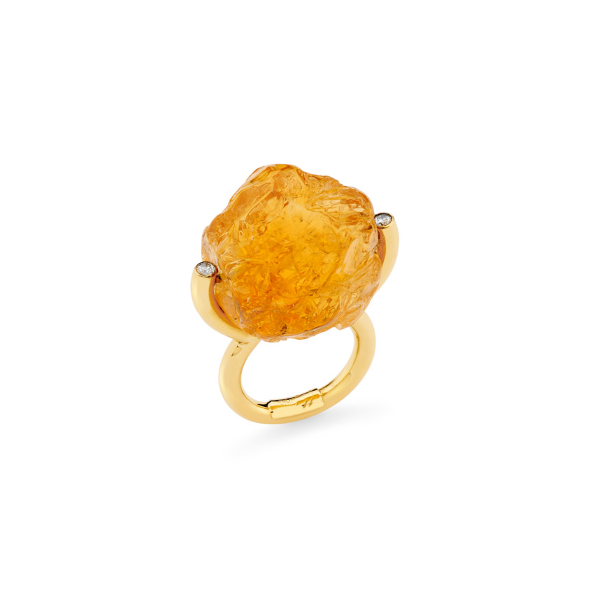 Gold, White Diamond & Large Citrine Ring – Hammered Brilliant Fancy Ring