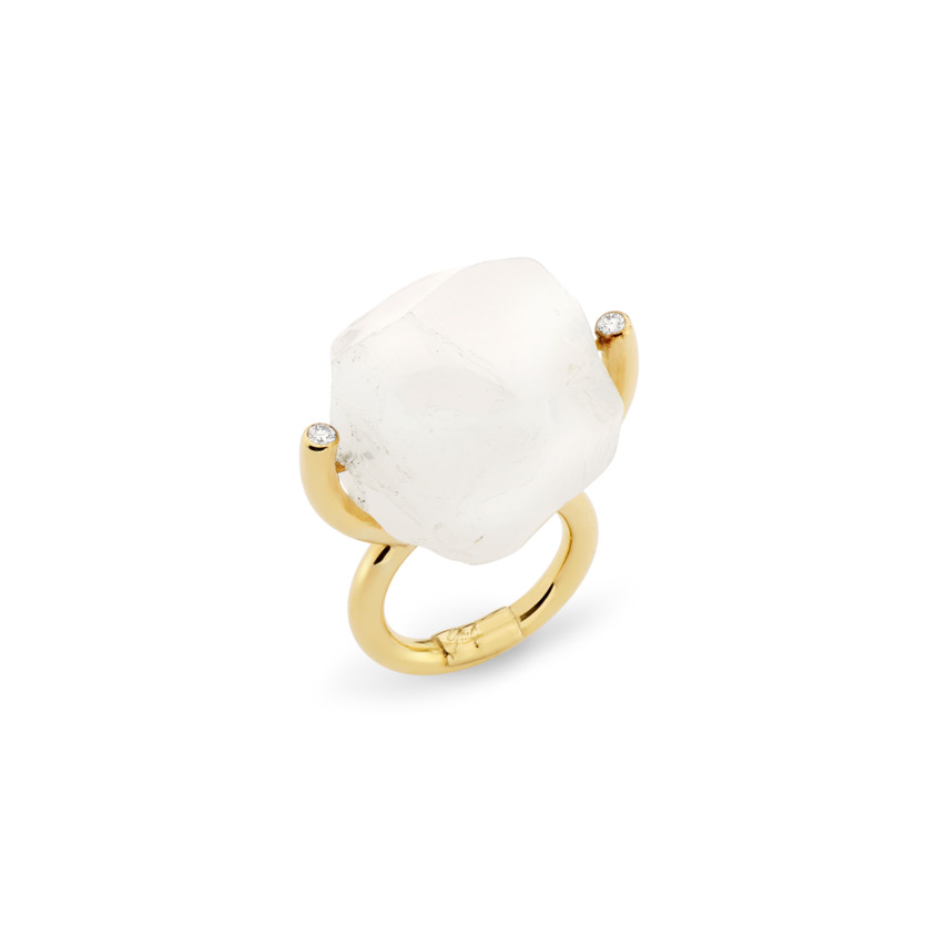 Gold, White Diamond & Large Milky Quartz Ring – Hammered Brilliant Fancy Ring