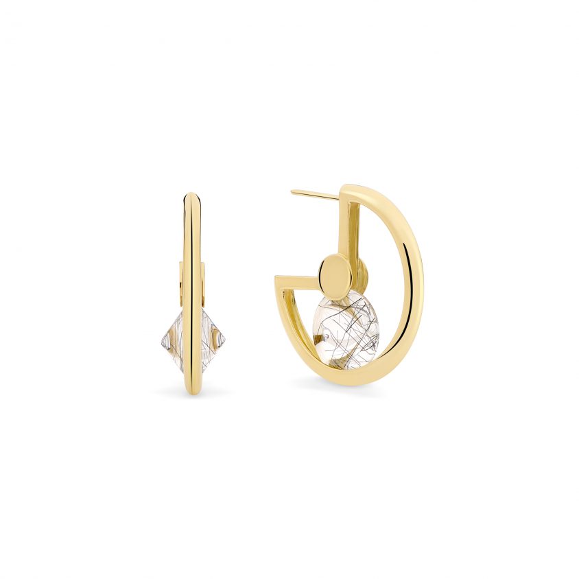 18k Gold Black Rutilated Quartz Hoop Earrings – Spinning Top Hoop Earrings