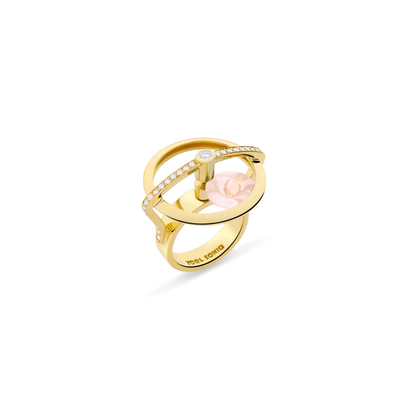 18k Yellow Gold Diamonds & Spinning Rose Quartz Ring – Spinning Top Spinning Ring