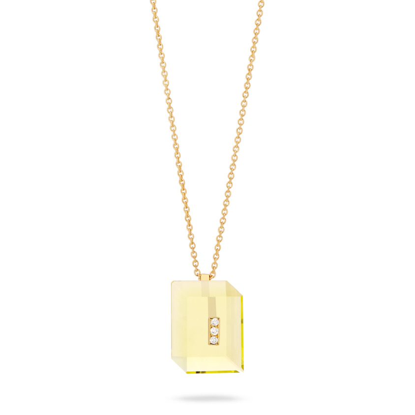 Gold Diamond & Lemon Quartz Necklace – Deco Rectangle Pendant