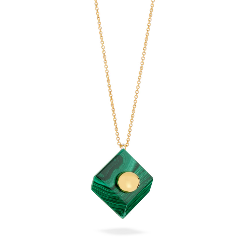 18k Yellow Gold Malachite Pendant Necklace – Deco Square Pendant – White Diamond