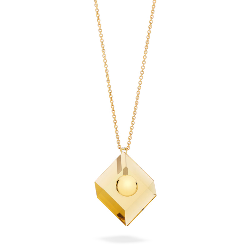 18k Yellow Gold Citrine Pendant Necklace – Deco Square Pendant – White Diamond