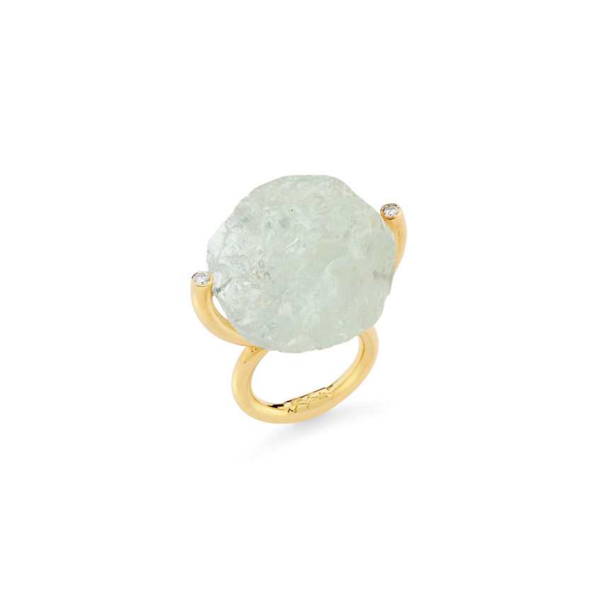 Gold, White Diamond & Large Aquamarine Ring – Hammered Brilliant Fancy Ring