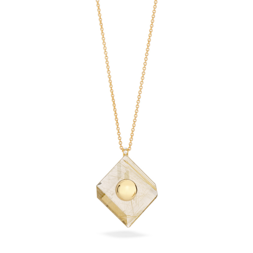 18k Yellow Gold Gold Rutilated Quartz Pendant Necklace – Deco Square Pendant – White Diamond