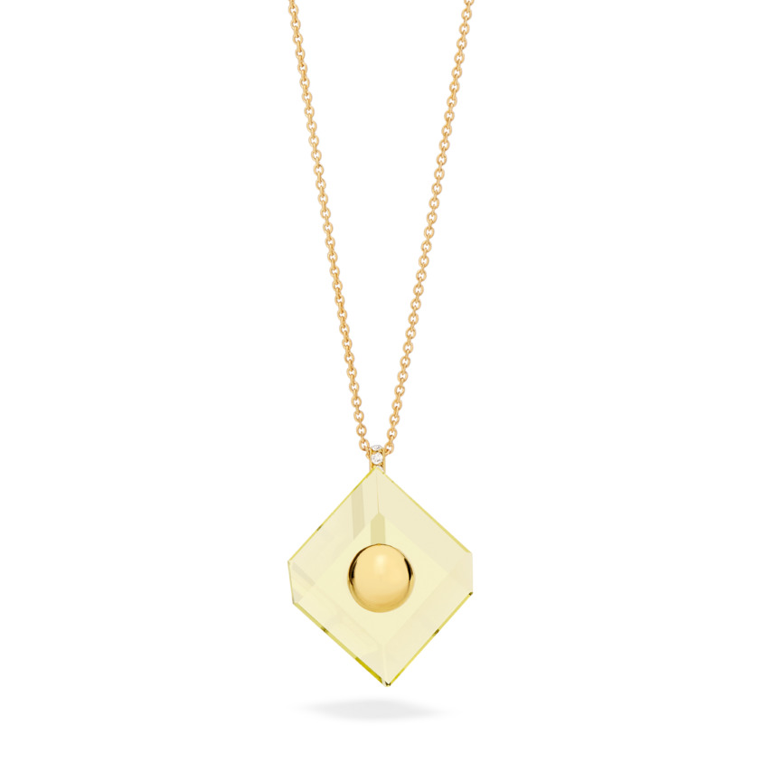 18k Yellow Gold Lemon Quartz Pendant Necklace – Deco Square Pendant – White Diamond