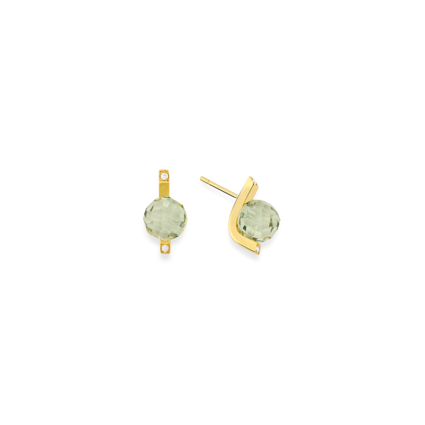 18k Gold Diamonds & Faceted Prasiolite Stud Earrings – Small Faceted Stud Earrings