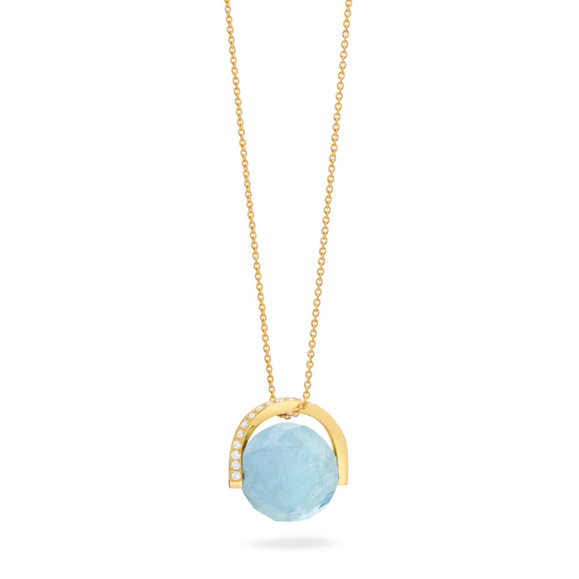 18k Gold Diamond & Rotating Natural Aquamarine Stone Necklace – Twist Pendant