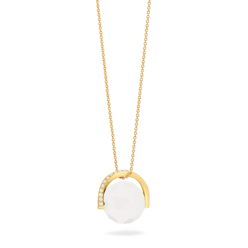 18k Gold Diamond & Rotating Natural Milky Quartz Stone Necklace – Twist Pendant