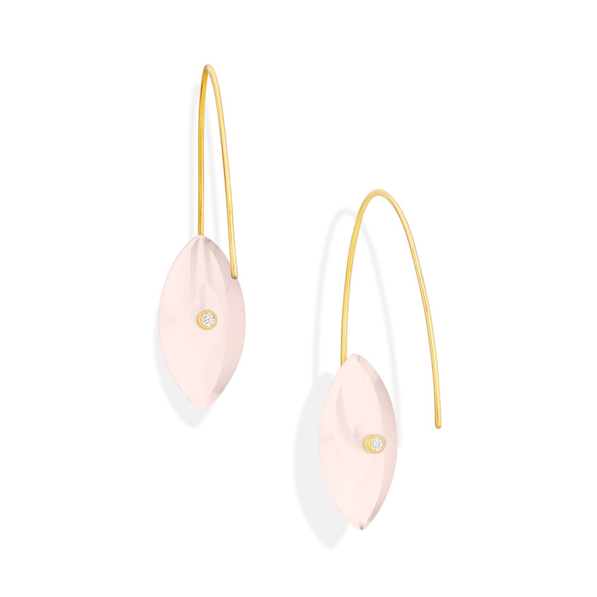Gold, 0.06 carat Diamond & Rose Quartz Earrings – Reverse Fit Navette Earrings