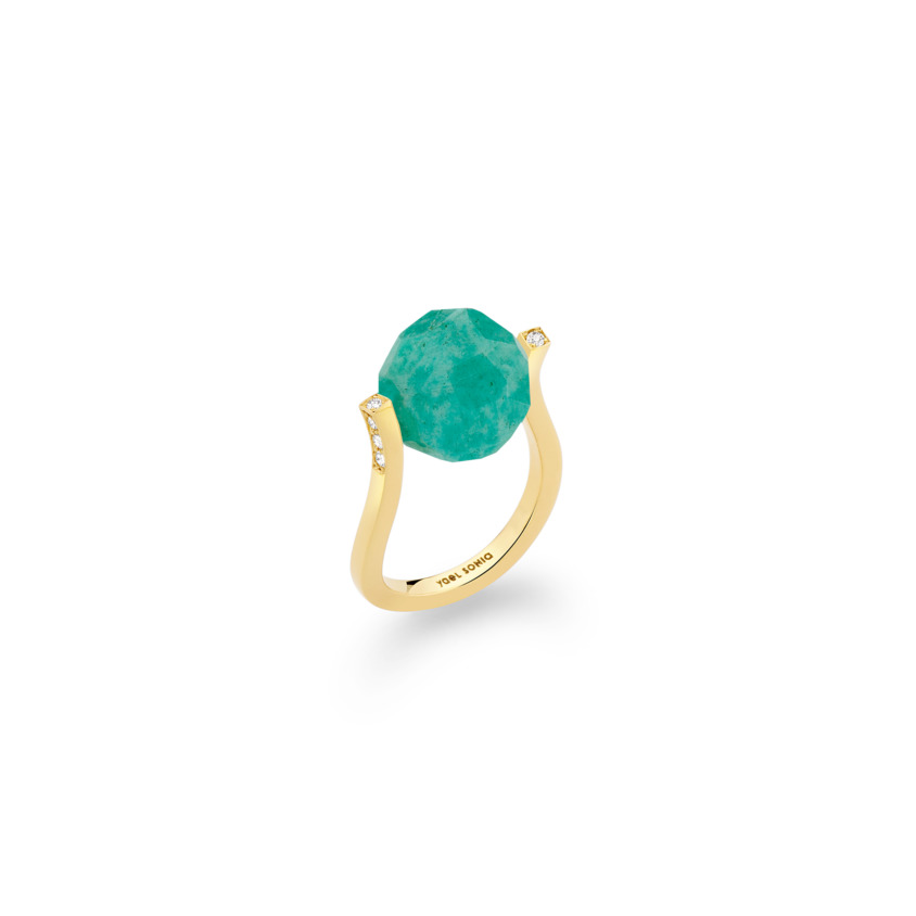 18k Gold, 0.12ct Diamonds & Faceted Amazonite Ring – Small Twist Ring