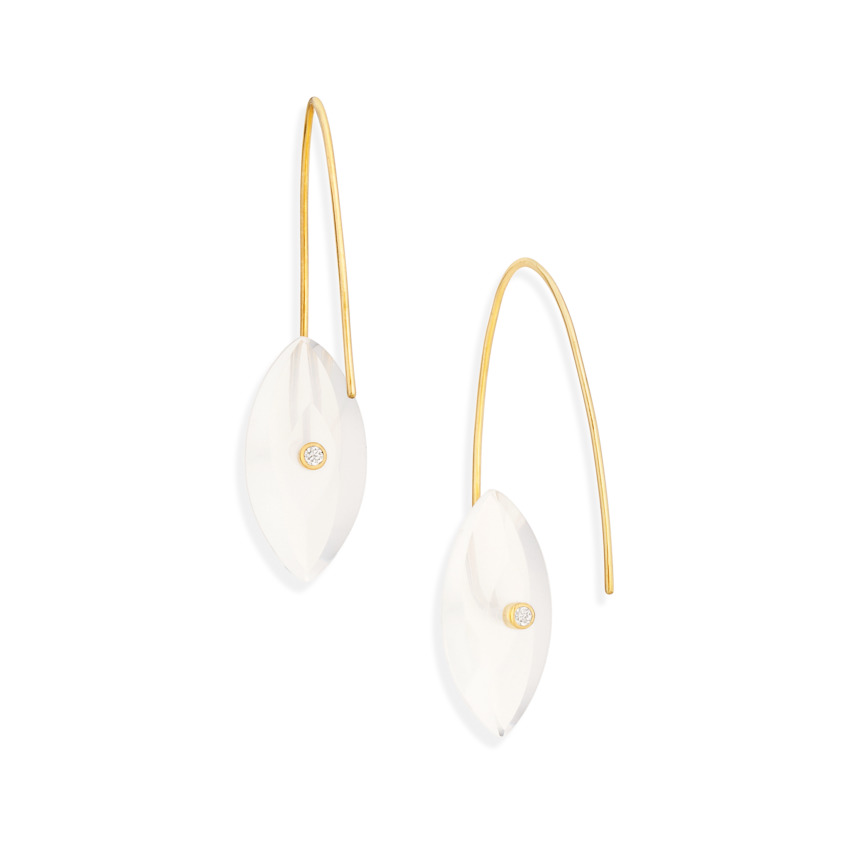 Gold, 0.06 carat Diamond & Milky Quartz Earrings – Reverse Fit Navette Earrings