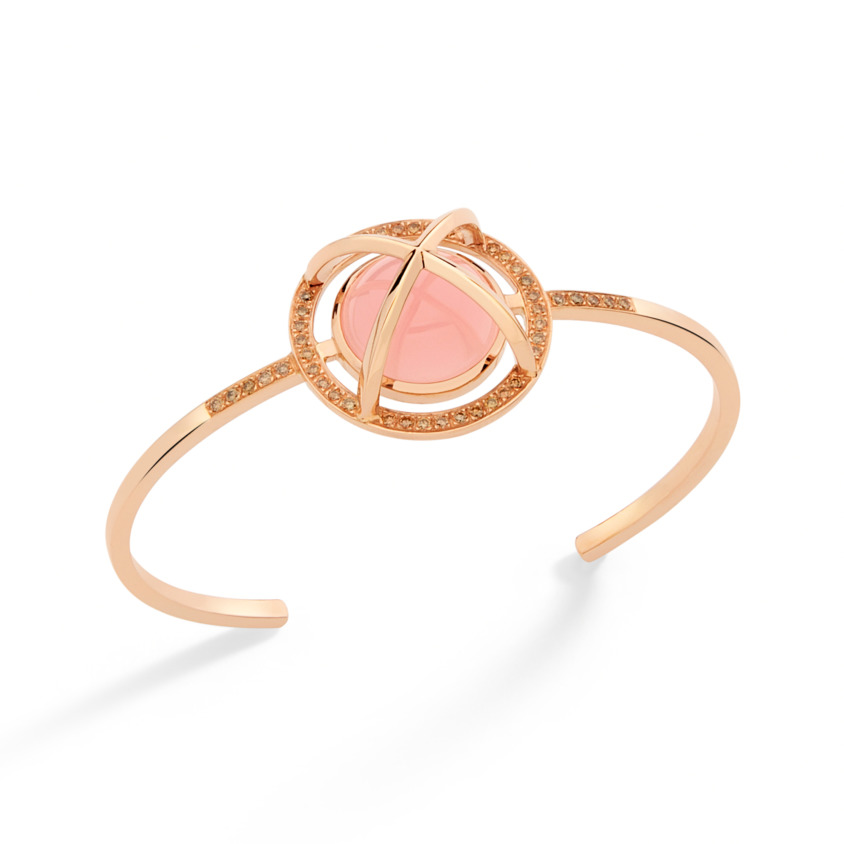 Diamond & Round Guava Quartz Cabochon Cuff Bracelet Rose Gold – Meteor Brilliant Medium Cuff