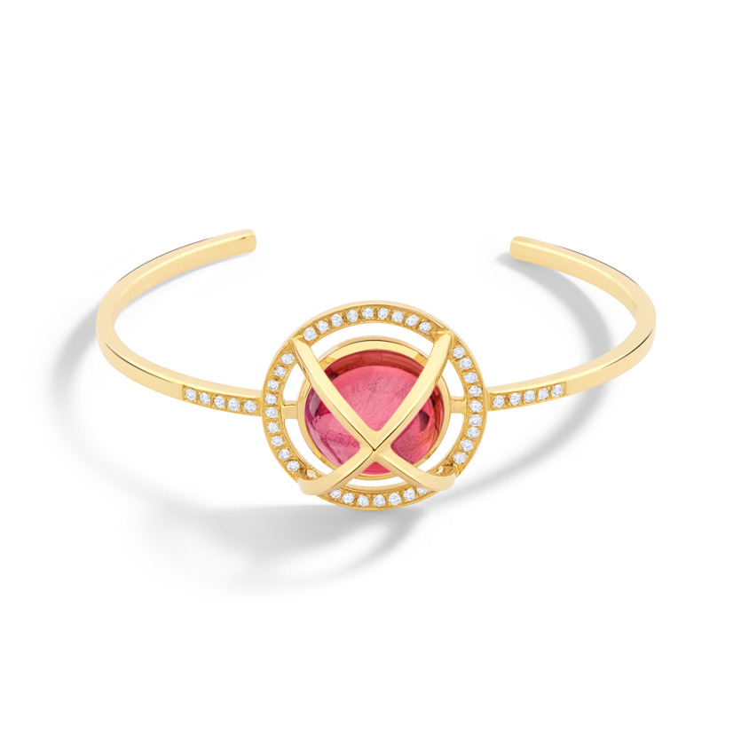 Diamond & Round Pink Tourmaline Cabochon Cuff Bracelet Gold – Meteor Brilliant Medium Cuff
