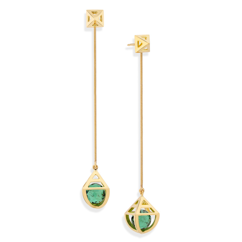 Geometric 18k Gold Celestial Green Tourmaline Earrings – Solar Long Earrings