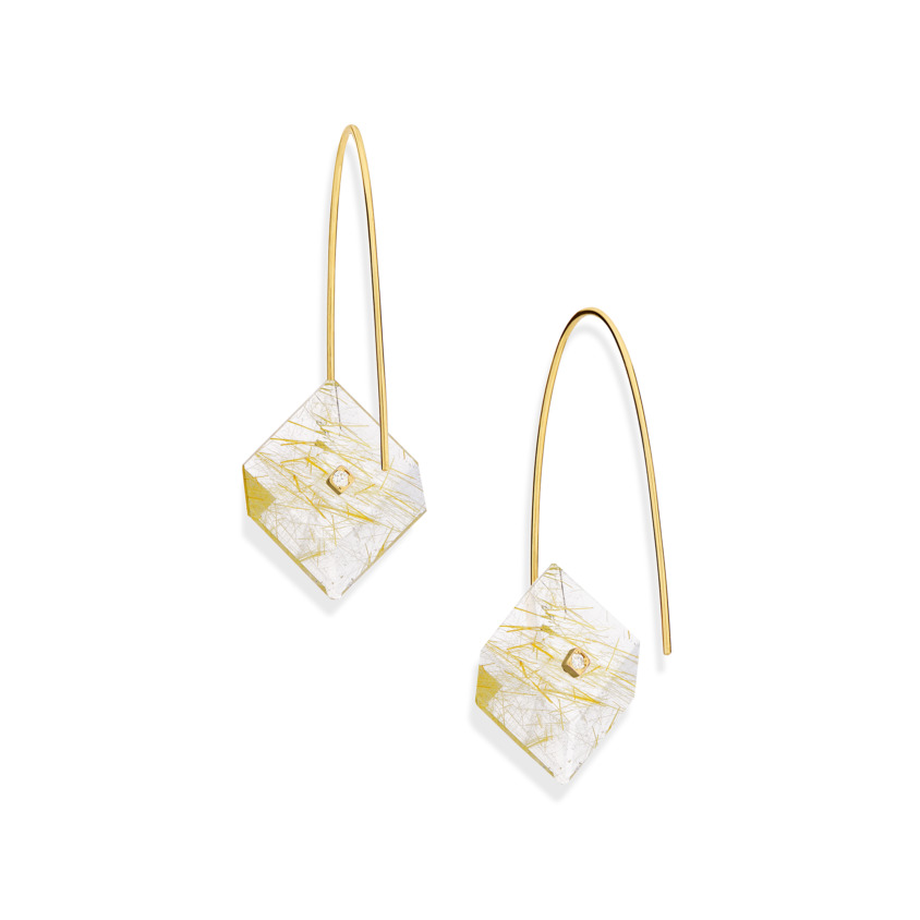 Gold, 0.03 carat Diamond & Square Gold Rutilated Quartz Earrings – Reverse Fit Small Square Earrings