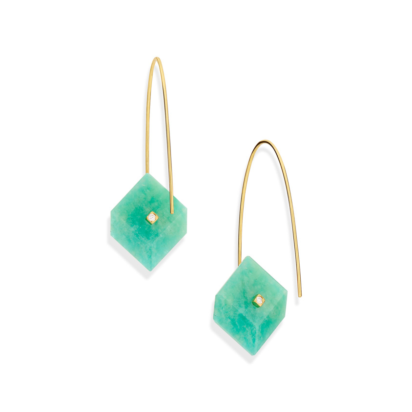 Gold, 0.03 carat Diamond & Square Amazonite Earrings – Reverse Fit Small Square Earrings