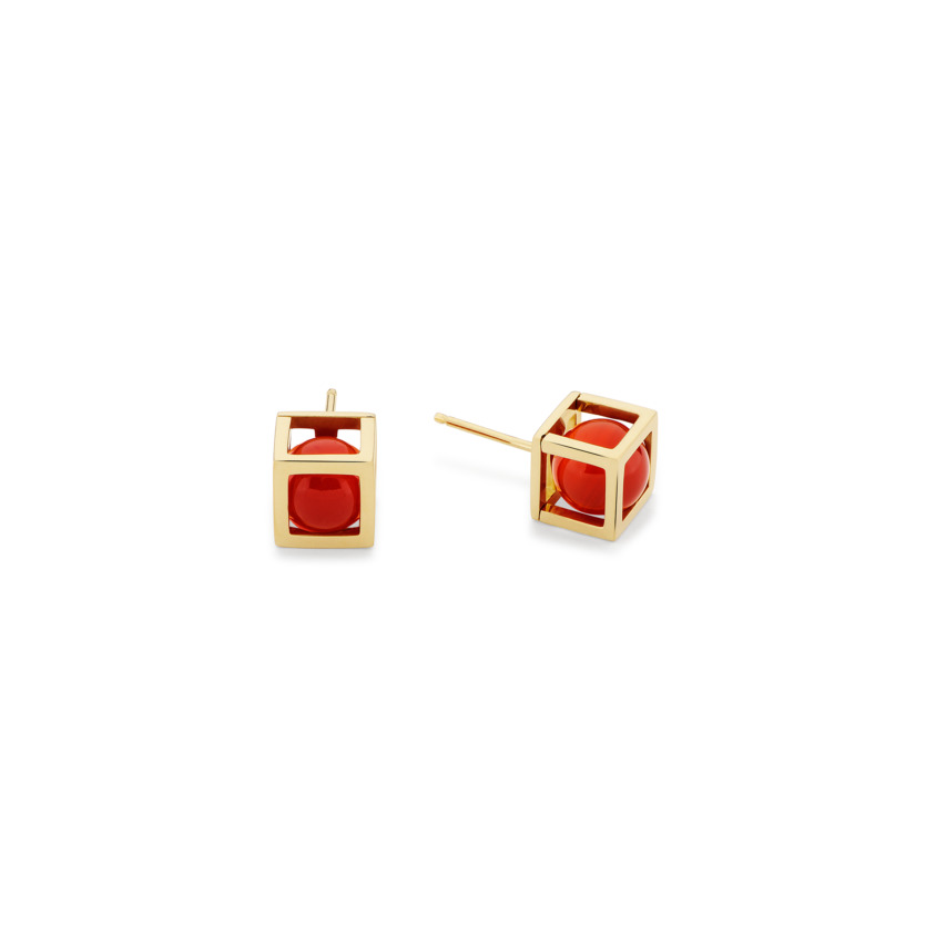 18k Gold Square, Cube, Spherical Carnelian Stud Earrings – Solo 8mm Stud Earrings