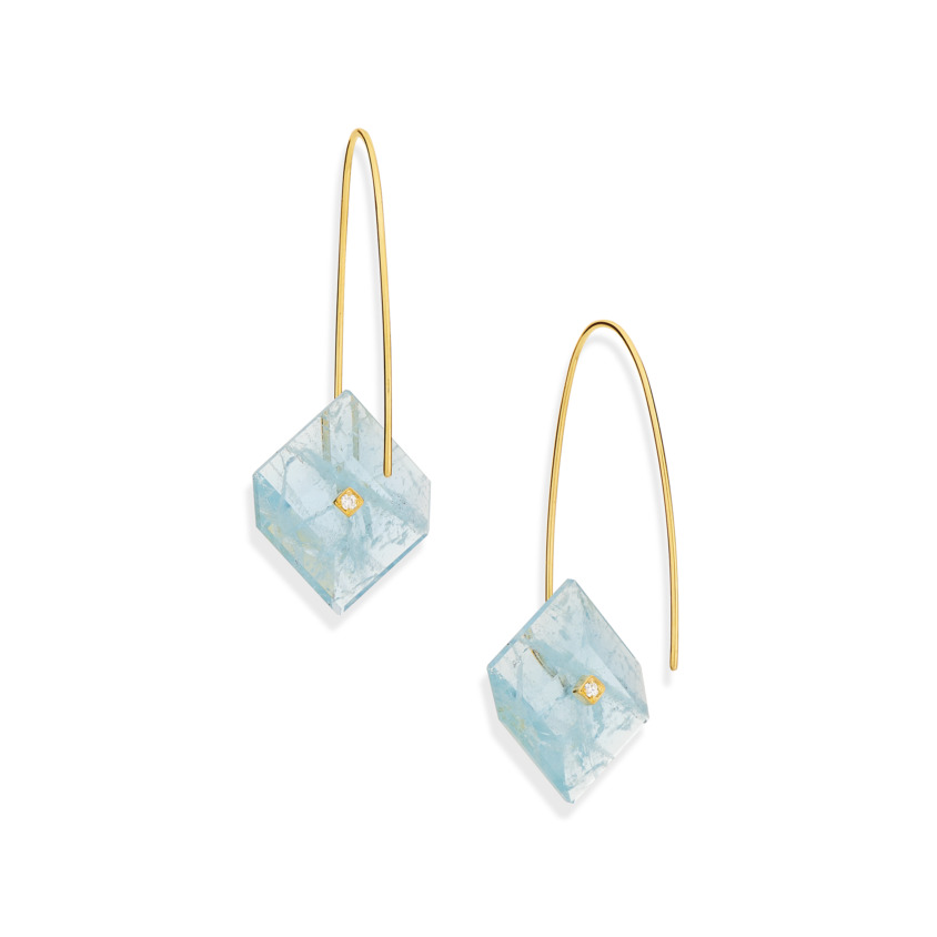 Gold, 0.03 carat Diamond & Square Aquamarine Earrings – Reverse Fit Small Square Earrings