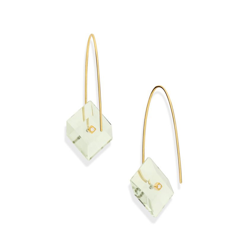 Gold, 0.03 carat Diamond & Square Prasiolite Earrings – Reverse Fit Small Square Earrings