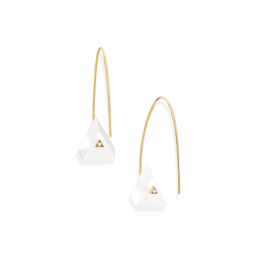 18k Yellow Gold, Triangle Milky Quartz Earrings – Reverse Fit Triangle Earrings