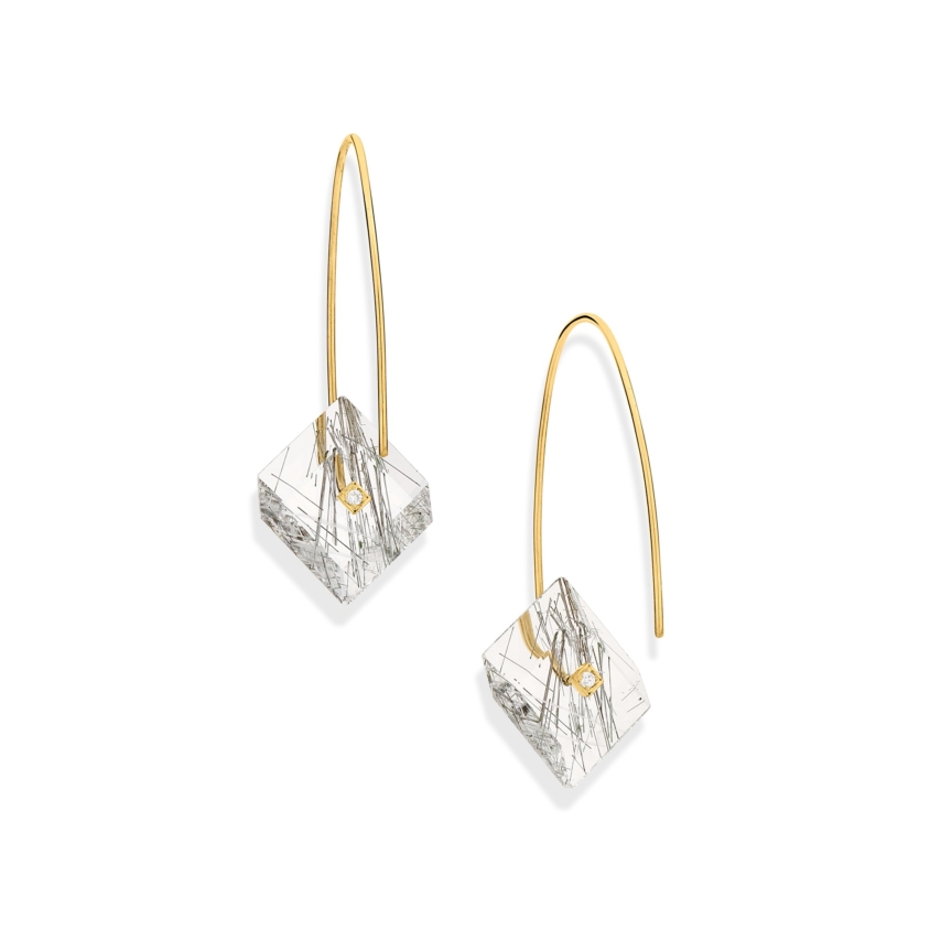 Gold, 0.03 carat Diamond & Square Black Rutilated Quartz Earrings – Reverse Fit Small Square Earrings