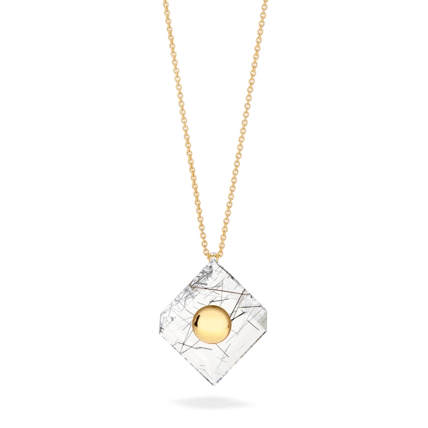 18k Yellow Gold Black Rutilated Quartz Pendant Necklace – Deco Square Pendant – White Diamond