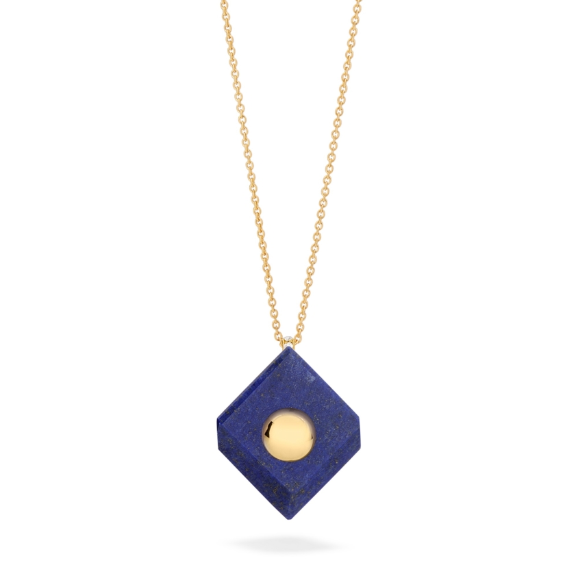 18k Yellow Gold Lapis Lazuli Pendant Necklace – Deco Square Pendant – White Diamond