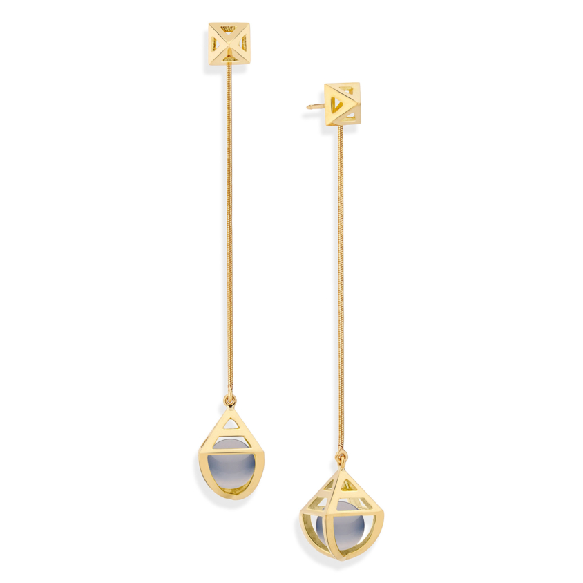 Geometric 18k Gold Celestial Chalcedony Earrings – Solar Long Earrings