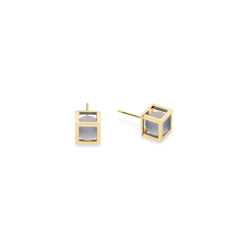 18k Gold Square, Cube, Spherical Chalcedony Stud Earrings – Solo 8mm Stud Earrings