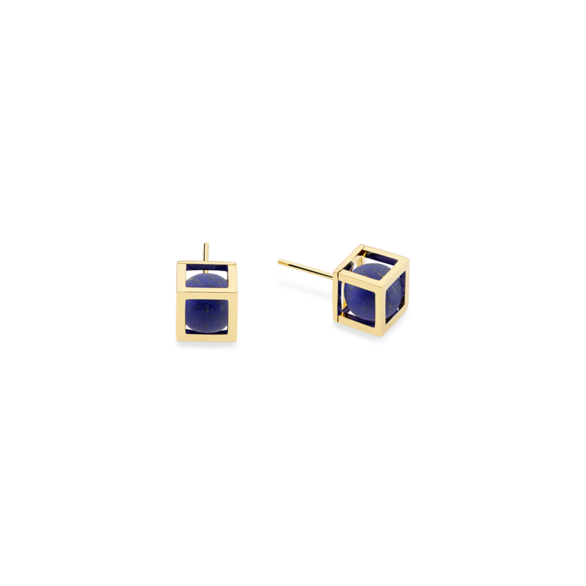 18k Gold Square, Cube, Spherical Lapis Lazuli Stud Earrings – Solo 8mm Stud Earrings