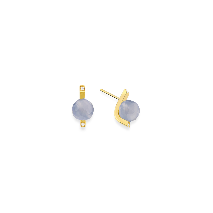 18k Gold Diamonds & Faceted Chalcedony Stud Earrings – Small Faceted Stud Earrings
