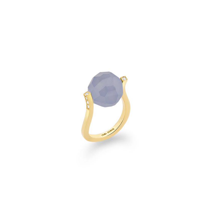 18k Gold, 0.12ct Diamonds & Faceted Chalcedony Ring – Small Twist Ring