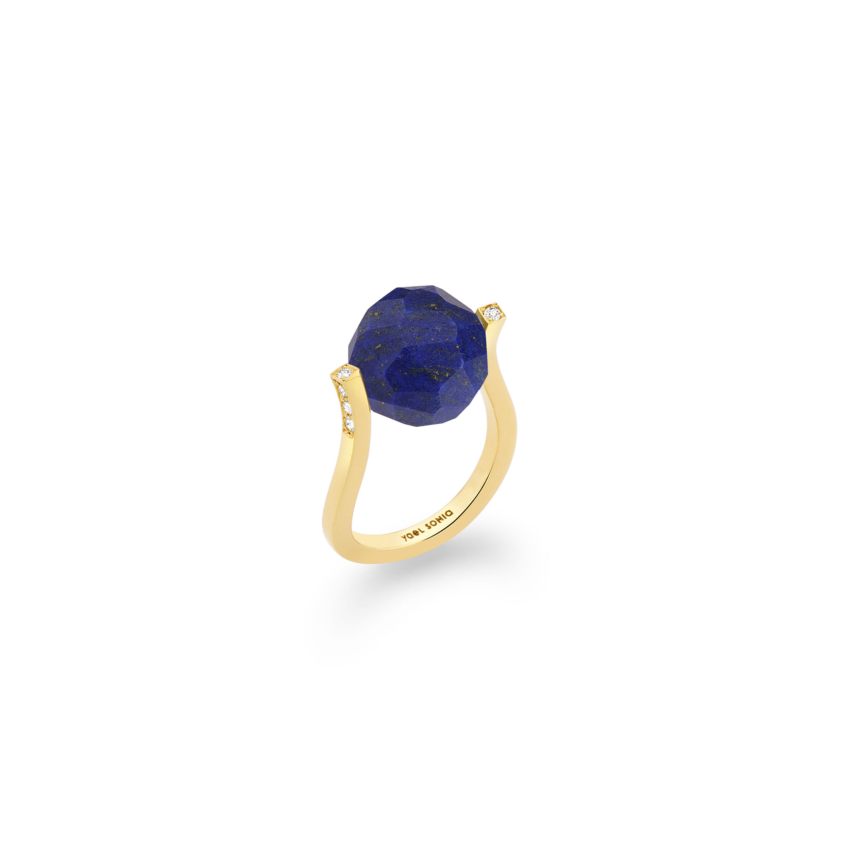 18k Gold, 0.12ct Diamonds & Faceted Lapis Lazuli Ring – Small Twist Ring