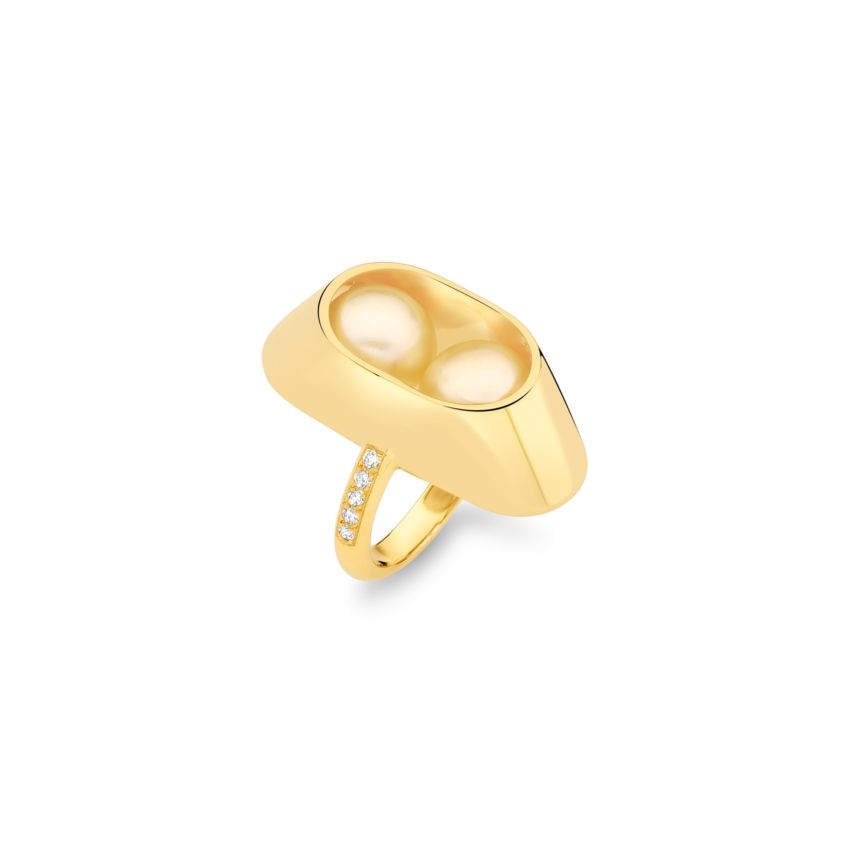 18k Yellow Gold Diamond & South Sea Pearl Ring – Cocoon Large Ring